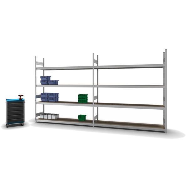 PROREGAL Weitspannregal Stecksystem T-Profil Grundregal HxBxT 250x225x50 cm 4 Ebenen Spanplatten Fachboden Fachlast 350 kg Verzinkt
