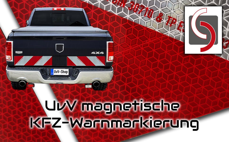 UvV-Reflex magnetische Kfz-Warnmarkierung im Set DIN 30710 für 1 KFZ mit 4 Streifen - 4x141x564 - 2 x linksweisend. und 2 x rechtsweisend / Optional auch selbsthaftend / Adhäsiv