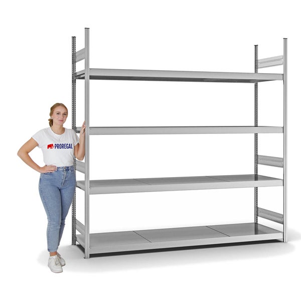 PROREGAL Weitspannregal Stecksystem T-Profil Grundregal HxBxT 250x250x60 cm 4 Ebenen Stahlplatten Fachboden Fachlast 350 kg Verzinkt