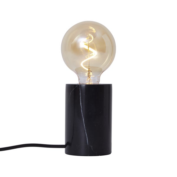 Tischleuchte mit zylindrischem Sockel aus schwarzem Marmor und einer dekorativen LED-Filamentlampe in Globusform.