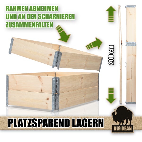 Abbildung eines hochklappbaren Hochbeets aus Holz mit einer Höhe von 200 Zentimetern