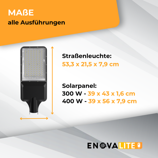 Abmessungen einer schwarzen LED Straßenleuchte mit Solarpaneel