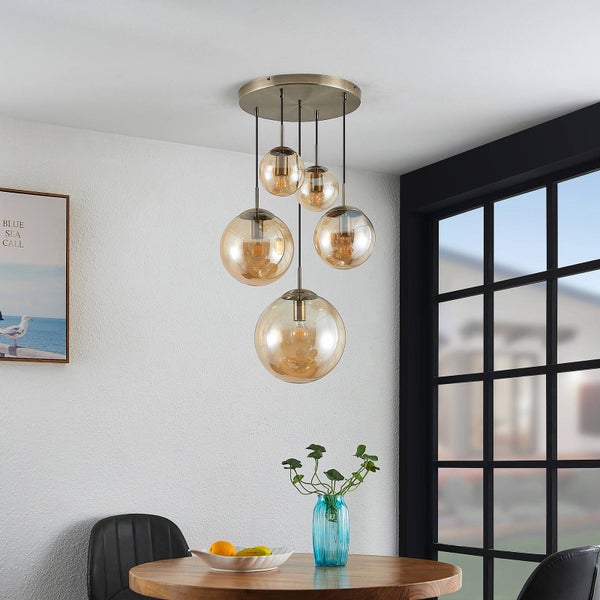 Lindby Pendelleuchte Teeja (Retro, Vintage Antik) in Creme aus Glas (5 flammig E27) - Hängelampe Esstischlampe Hängeleuchte Wohnzimmerleuchte
