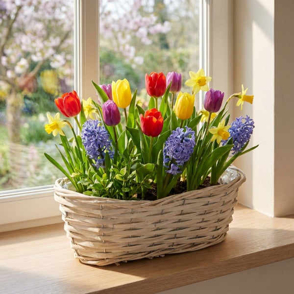 Frühlingsblumenarrangement mit Tulpen, Narzissen und Hyazinthen in einem geflochtenen Korb auf einer Fensterbank.