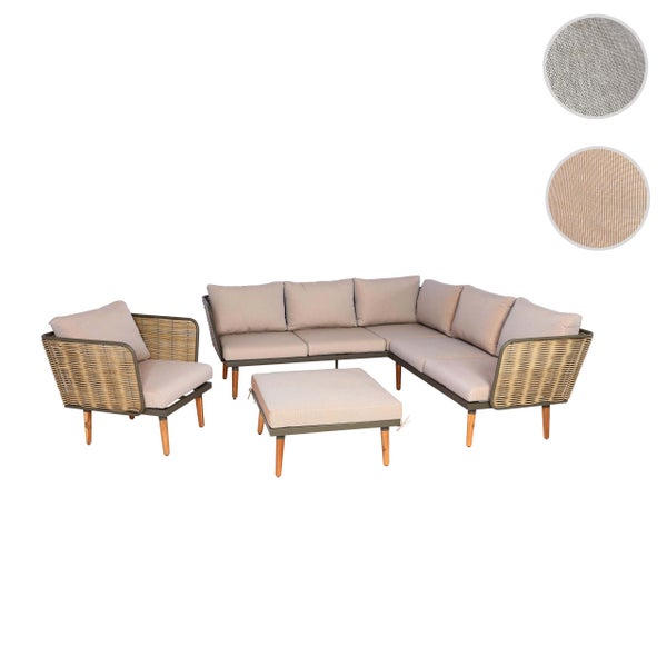 Garten-Lounge-Set aus Ecksofa, Sessel und Hocker mit Holzfüßen, Geflecht und Polstern sowie Detailansichten der Stoffstruktur.