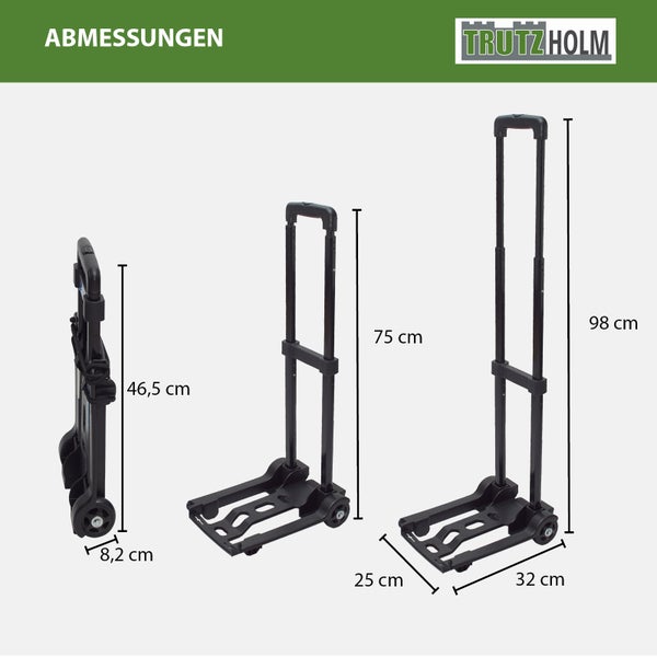 Trutzholm Logo und Maßzeichnung einer klappbaren Sackkarre mit Höhenangaben von 46,5 Zentimeter, 75 Zentimeter und 98 Zentimeter.