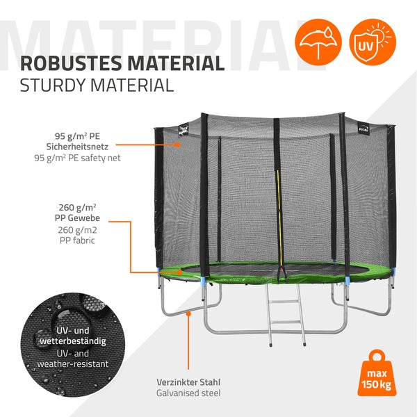 Hauki Trampolin Outdoor, Ø244 cm, Grün, GS geprüft, Rundes Gartentrampolin für Kinder bis 150 kg, Komplettset mit Sicherheitsnetz, Leiter, Randabdeckung, Gepolsterte Stangen, Stabile Kindertrampolin