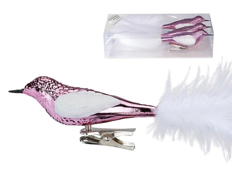 Drei Weihnachtsvögel als Christbaumschmuck mit Clip und Feder an der Verpackung