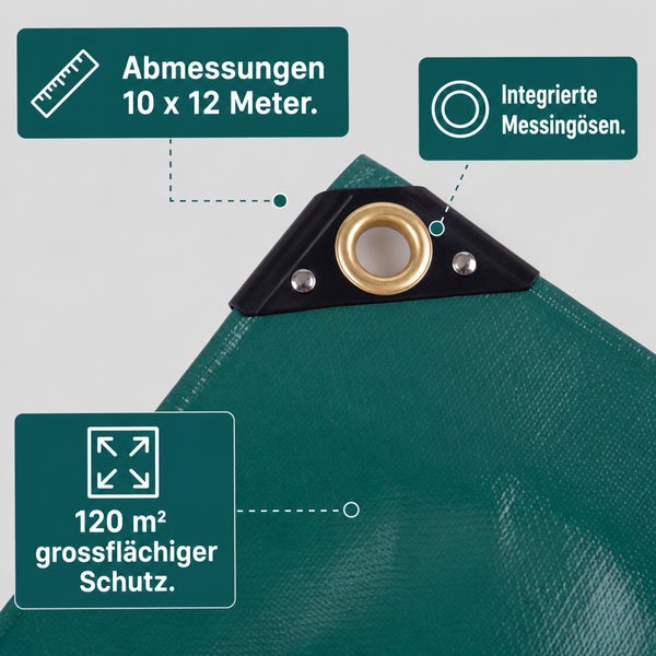 Abdeckplane mit 10 mal 12 Meter Größe, 120 Quadratmeter Fläche und integrierten Messingösen zur Befestigung.