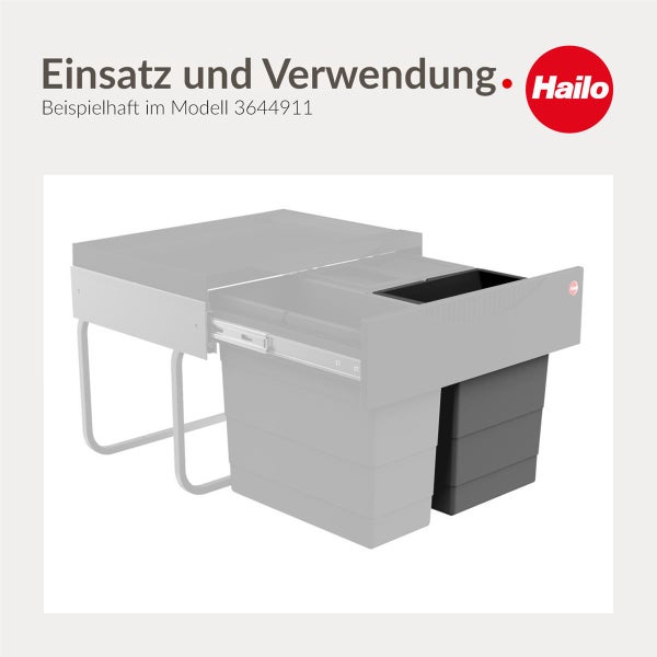 Hailo Logo und Mülltrennsystem montiert in einem Küchenauszug zur Veranschaulichung der Verwendung.