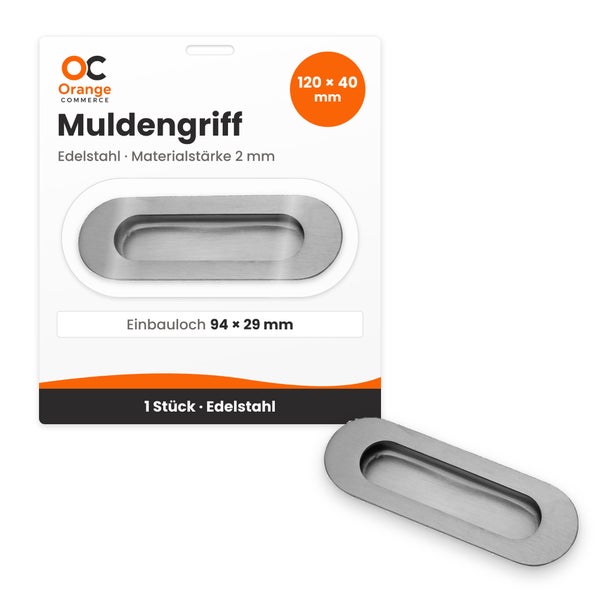 Ein ovaler Orange Commerce Muldengriff aus Edelstahl mit 120 mal 40 Millimeter in einer Verpackungseinheit von einem Stück.