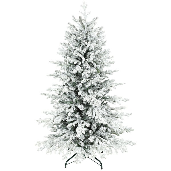 Künstlicher Weihnachtsbaum mit Schneebedeckung auf Zweigen und schwarzem Metallständer.