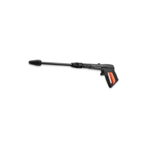 Hochdruckpistole mit Strahlrohr für Hochdruckreiniger, aus Kunststoff in Schwarz und Orange.