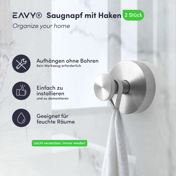 EAVY Handtuchhaken Edelstahl Silber Saugnapf 2er Pack