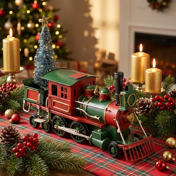 Dekorative grüne und rote Eisenbahn als Weihnachtsdekoration