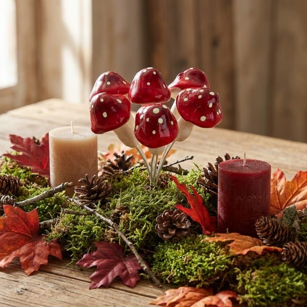 Herbstliche Tischdekoration mit künstlichen Fliegenpilzen, Stumpenkerzen, Moos, Zapfen und künstlichen Ahornblättern auf einem Holztisch.