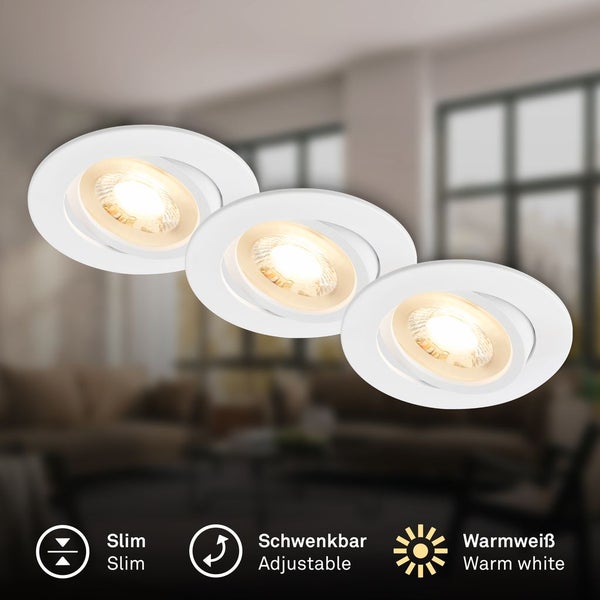 Drei LED Einbaustrahler, schwenkbar und mit warmweissem Licht