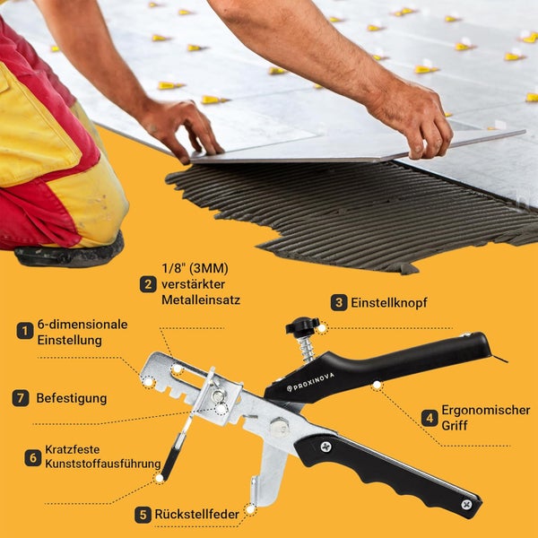 Proxinova Fliesen-Nivelliersystem 2mm, 400-Teile-Kit: 300 Fliesenausgleichsclips, 100 Keile | Fliesennivellierzange, Gummihammer, Arbeitshandschuhe