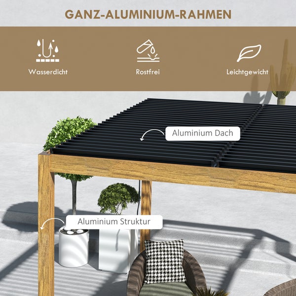Outsunny Pergola, UV-Schutz, mit Verstellbarem Dach, für Hof, Balkon, 3 x 3 m, Alu, Natur