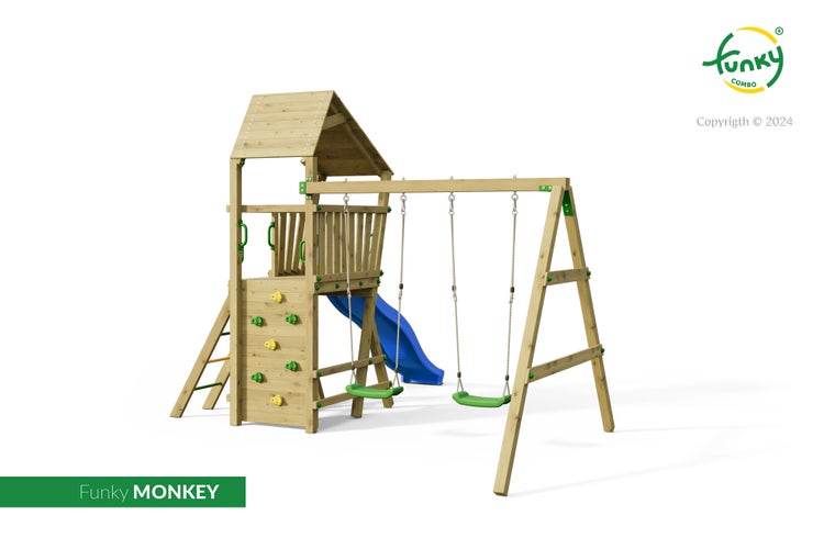 Spielturm aus Holz mit Satteldach, zwei Schaukeln, blauer Rutsche, Kletterwand und Leiter.