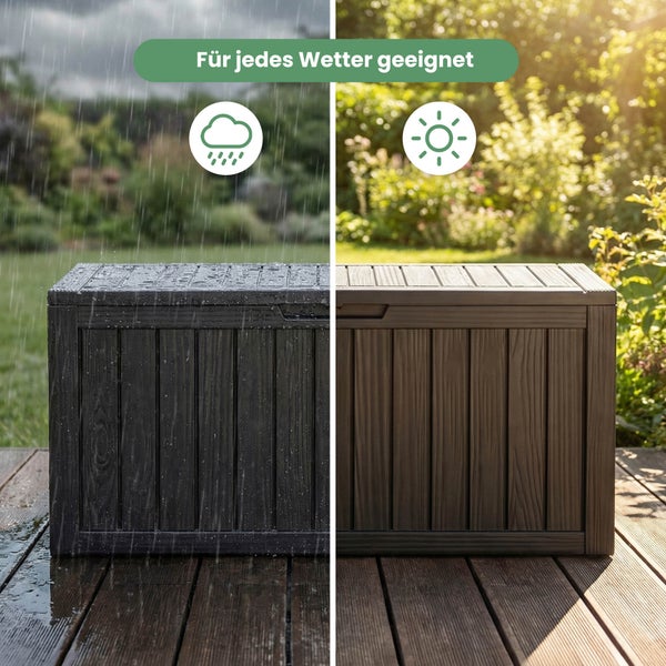 Wetterfeste Gartenbox aus Kunststoff in Holzoptik, dargestellt bei Regen und Sonnenschein auf einer Holzterrasse.