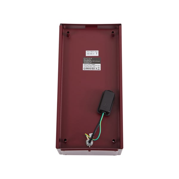 Rückansicht einer rechteckigen weinroten QAZQA Wandleuchte aus Metall mit Anschlusskabeln und IP44 Kennzeichnung für den Außenbereich.