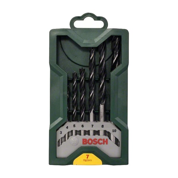 Bosch Holzbohrer-Set, 7-teilig, Größen 3 bis 10 Millimeter, in Kunststoffkassette, Bosch Logo.