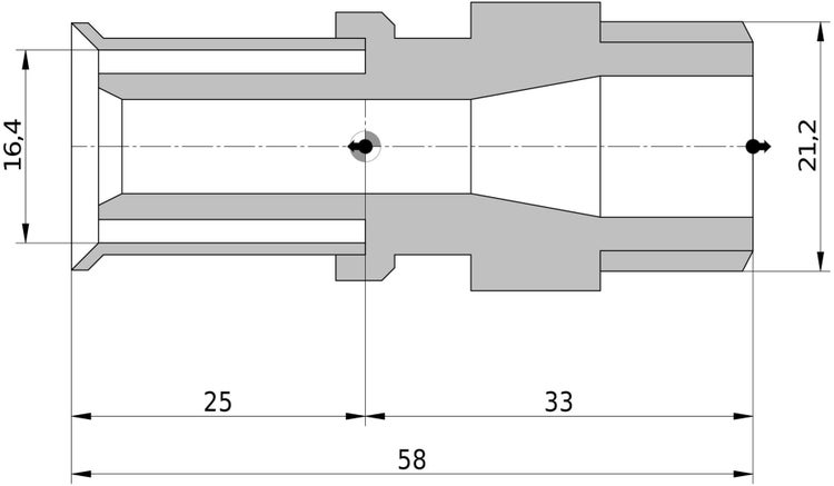 Technische Zeichnung eines Rohrverbinders mit Maßen von 16,4 Millimeter, 21,2 Millimeter Durchmesser und einer Gesamtlänge von 58 Millimeter.