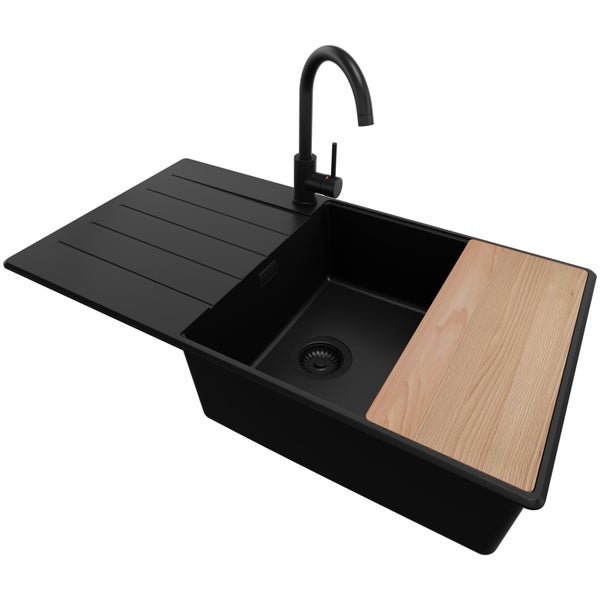 PRIMAGRAN Granitspüle Alles Schwarz 90x50cm, Spülbecken 1 Becken + Küchenarmatur 32x20cm + Ablauf-Set + Schneidebrett, Küchenspüle ab 60er Unterschrank - Kopenhagen