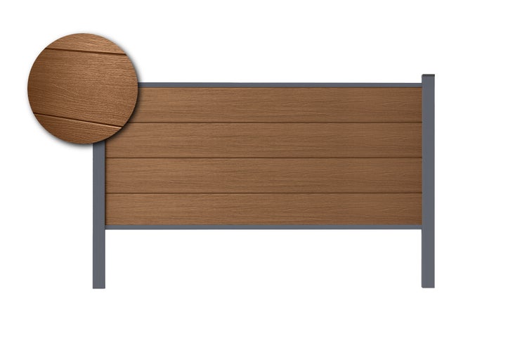 Sichtschutzzaun aus Paneelen aus Holz-Kunststoff-Verbundwerkstoff in Holzoptik mit anthrazitfarbenem Rahmen und Detailansicht der Struktur.