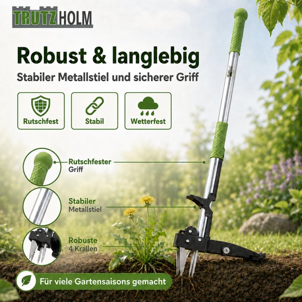 Trutzholm Unkrautstecher mit rutschfestem Griff und stabilem Metallstiel für eine einfache Unkrautentfernung im Garten.
