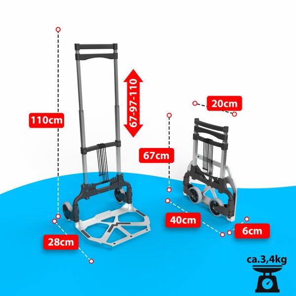 Abmessungen des Gepäckwagens im aus- und zusammengeklappten Zustand