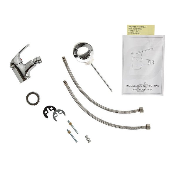 Bidet-Mischbatterie-Set bestehend aus Armatur, Anschlussschläuchen, Ablaufgarnitur, Montagematerial und Bedienungsanleitung.
