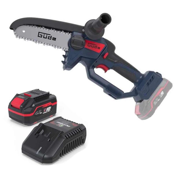 Güde Akku-Gehölzschneider inklusive zwei 18 Volt Akkus und einem Ladegerät.