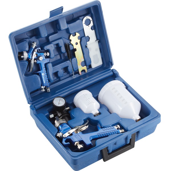 HVLP-Lackierpistolen-Set tectake  inklusive Silikonentferner, Mikrofasertücher und Kunststoffkoffer 0,8 / 1,3 mm-Düse blau