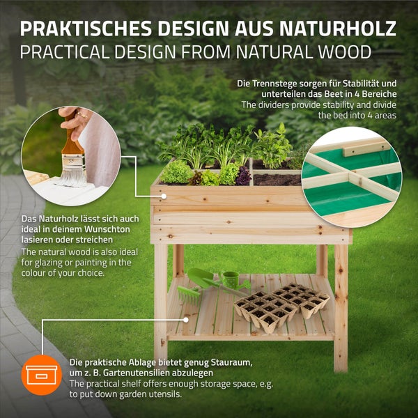ECD Germany Hochbeet aus Holz mit Ablage und Pflanzfolie 80x60x80 cm Natur Witterungsbeständig 4 Pflanzengefäße Frühbeet Kräuterbeet Gemüsebeet Pflanzkübel Pflanzkasten für Garten Balkon und Terrasse