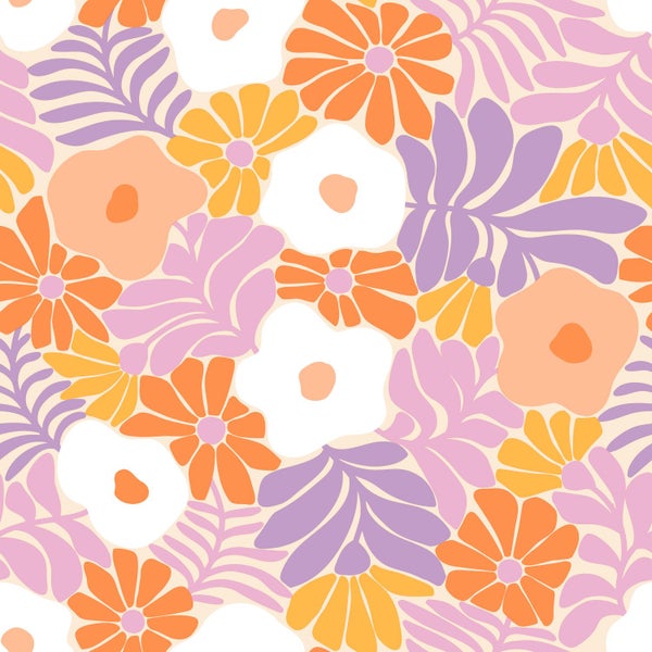 Retro-Blumenmuster-Tapete mit großen Blüten und Blättern in Orange, Gelb, Weiß, Rosa und Lila.