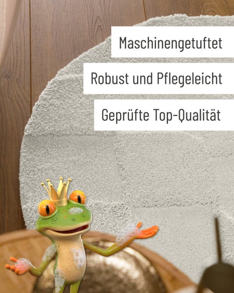Runder Badeteppich mit geometrischem Kreismuster und Hochflor-Textur auf Holzboden.