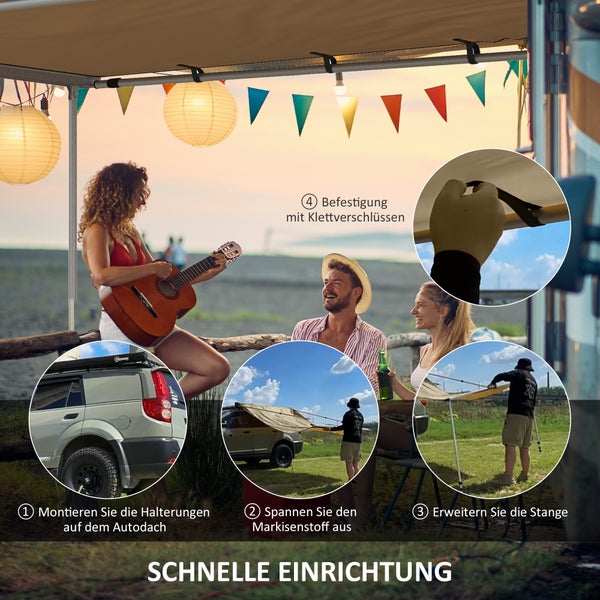 Outsunny Sonnensegel Wohnwagen 1,6 x 2,5 m Auto Markise ausziehbare Fahrzeug-Dachmarkise wasserabweisendes Sonnenschutzdach für SUV, Wohnwagen, Khaki