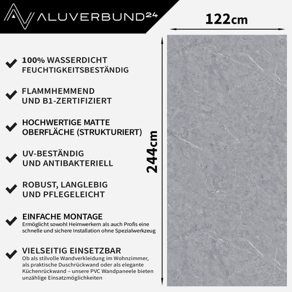 Aluverbund24 PVC Wandpaneel in Steinoptik, 122 mal 244 Zentimeter. Wasserdicht, flammhemmend, ultraviolettbeständig und antibakteriell.
