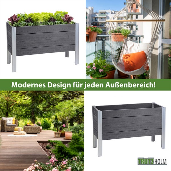 Produktbild zeigt einen erhöhten Pflanzkasten aus Holzwerkstoff mit silbergrauen Beinen, der für den Außenbereich geeignet ist.