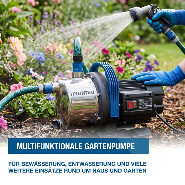 Hyundai Gartenpumpe zur Bewässerung im Garten mit angeschlossenem Schlauch und Sprühdüse