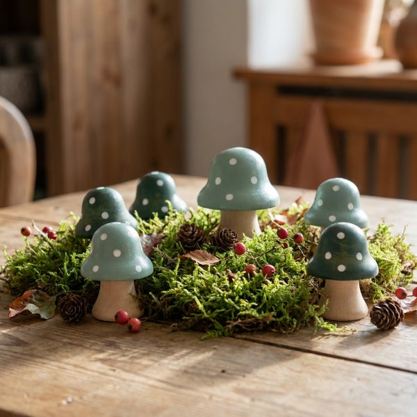 Dekorative Holzpilze mit Punkten als herbstliche Tischdekoration auf einem Moosbett mit Kiefernzapfen und Beeren