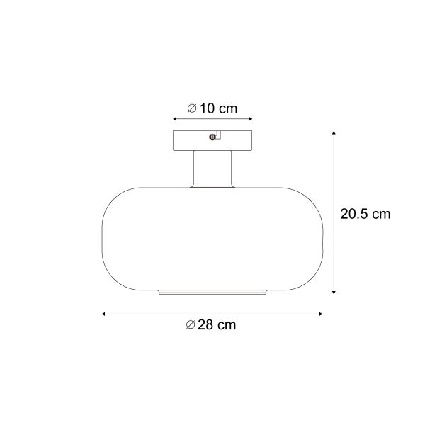 Skizze einer Deckenleuchte mit den Maßen 10 cm Durchmesser für die Deckenhalterung, 28 cm Durchmesser und 20,5 cm Höhe.