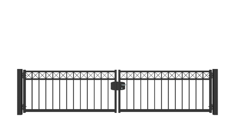 Gartentor ZAUNGURU BASIC-Line Oldenburg Kreuz aus Metall, Höhe: 83cm, Breite: 388cm, 2-flügelig inkl. Pfosten, Schloss und Zubehör, Feuerverzinkt und zusätzlich in RAL 7016 Anthrazitgrau pulverbeschichtet