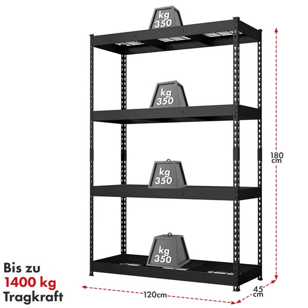 Schwarzes Schwerlastregal mit vier Ebenen und einer Traglast von 1400 kg