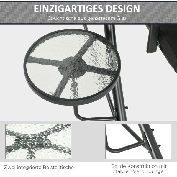 Produktdetails einer Schaukel mit gepolsterten Kissen, Metallfederhaken, Anti-Rutsch-Füßen und Haken zur Befestigung der Kissen.