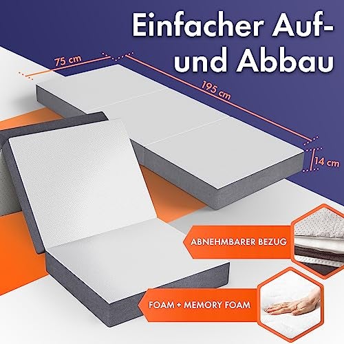 DYNMC you Klappmatratze 75x195x14 cm - Gästematratze Klappbar Mittel Hart H3 - Test SEHR GUT - Oeko TEX Zertifiziert - Gästebett Klappbar mit Tasche - Faltmatratze Oeko TEX Standard - Bodenmatratze