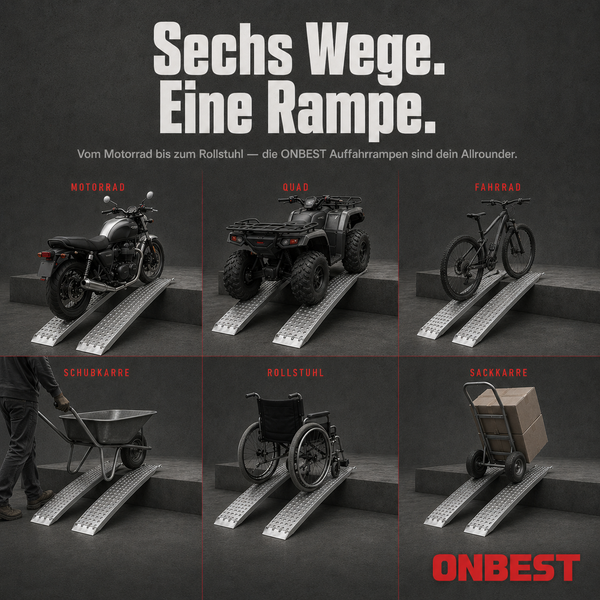 Sechs Anwendungsbeispiele für ONBEST Auffahrrampen aus Aluminium: Motorrad, Quad, Fahrrad, Schubkarre, Rollstuhl und Sackkarre.