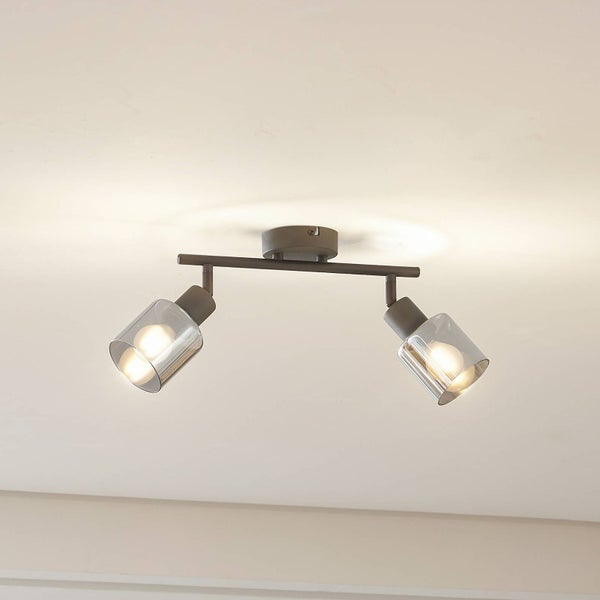 Deckenleuchte mit zwei Strahlern und Glasschirmen